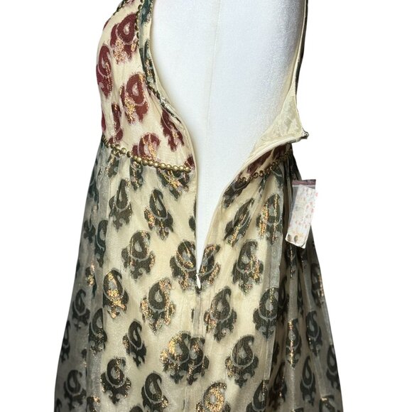 NEW Defects Free People Shimmering Champagne Paisley Mini Dress Sz 4 Green Red - Picture 5 of 13